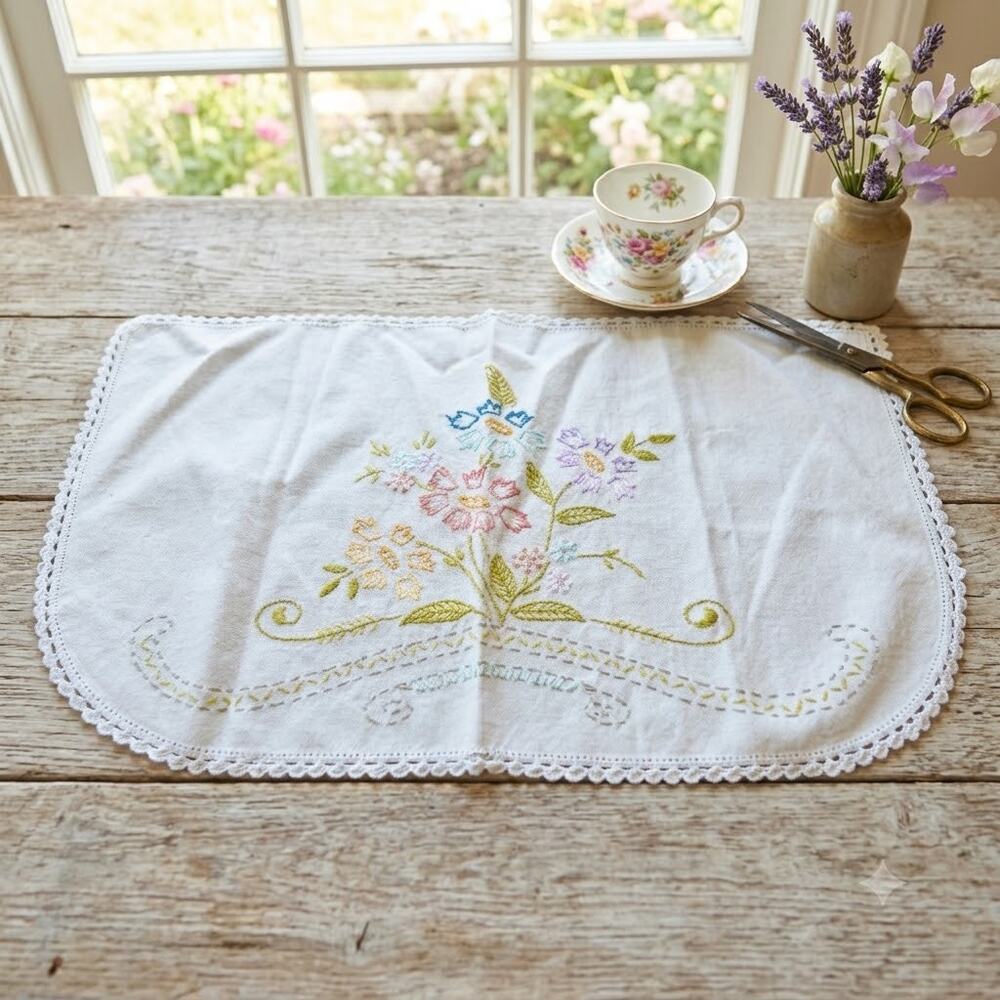Vintage Embroidered Floral Scalloped Linen Placemat Dresser Scarf 17x10 Oblong